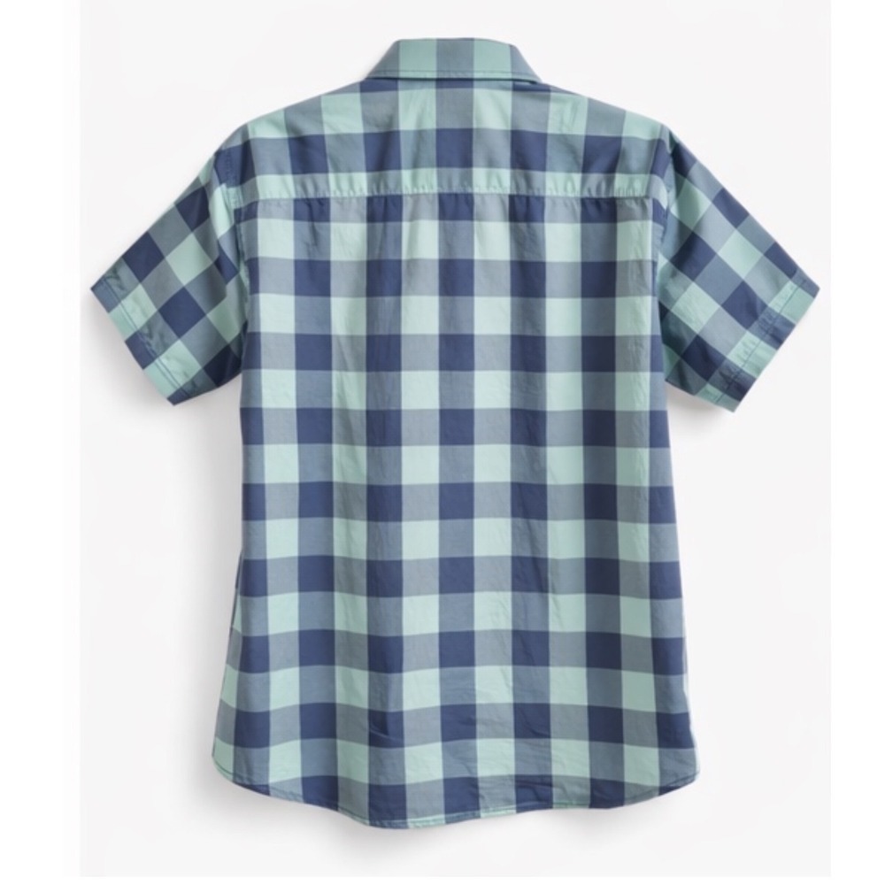 UNTUCKit Mens Lg Short Sleeve Cotton Button Down Shirt Green Navy Buffalo Check - Picture 2 of 5